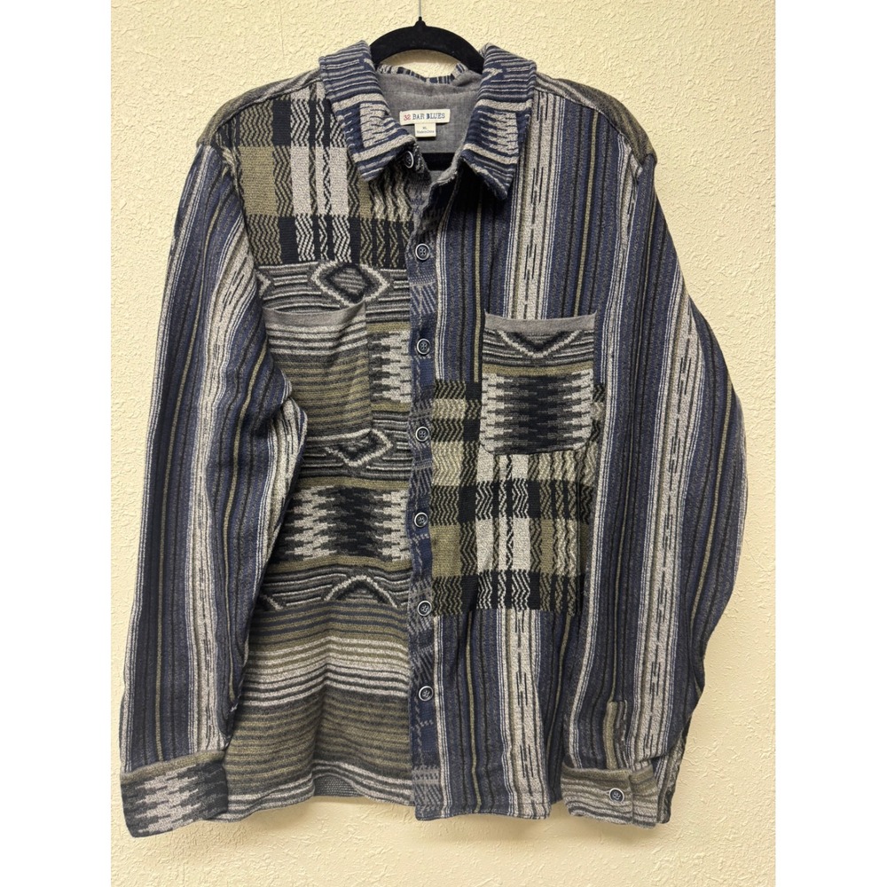 32 Bar Blues Spirits Rise Mens XL Patchwork Jacquard Woven Shirt Jacket Blue